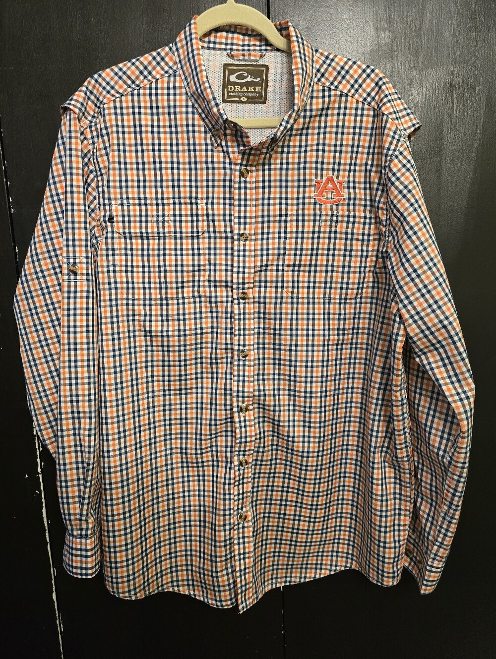 Drake Auburn University Orange and Navy Checked Button-Down Shirt Size L